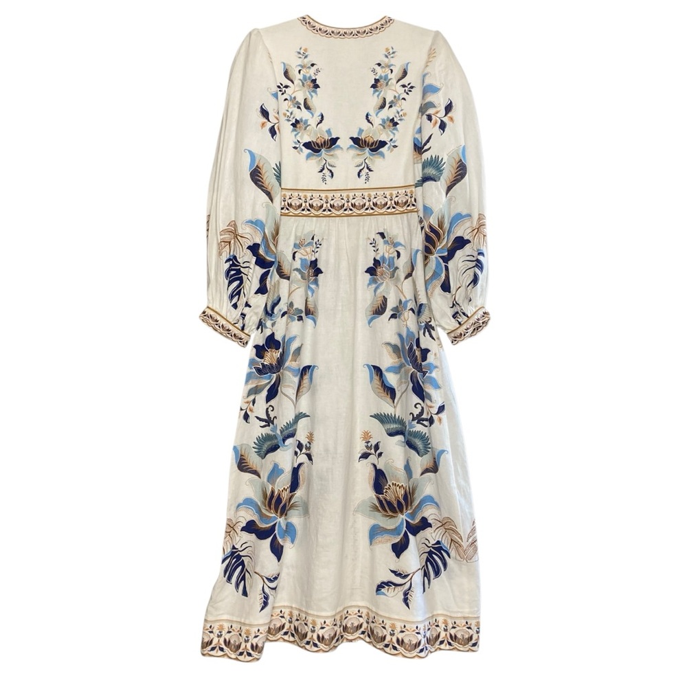 Farm Rio Mystic Blue Lotus Placed Print Long Sleeve Linen Blend Maxi Dress S - Picture 6 of 10